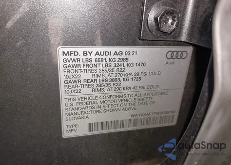 2021 Audi Q7 Prestige 55 Tfsi Quattro Tiptronic из США, поврежденный, VIN WA1VXAF77MD035798